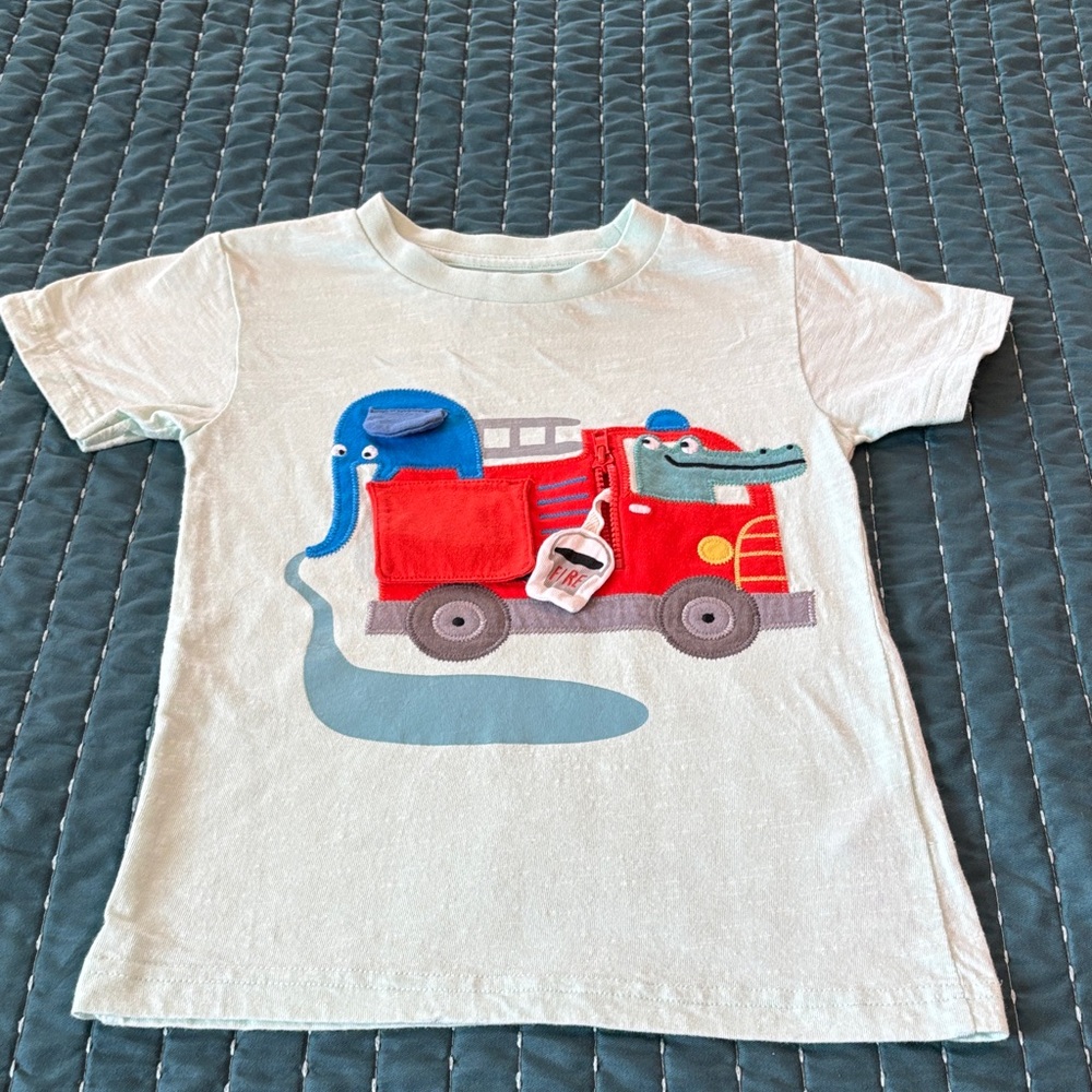 Kids appliqué mint green T-Shirt with Red Fire Truck Print